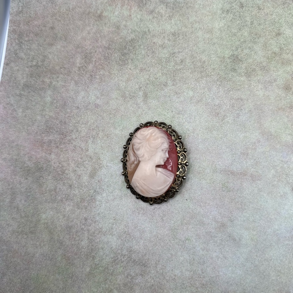 Victorian Style Shell Cameo Brooch Pendant - Pink on Burgundy - Picture 3 of 5